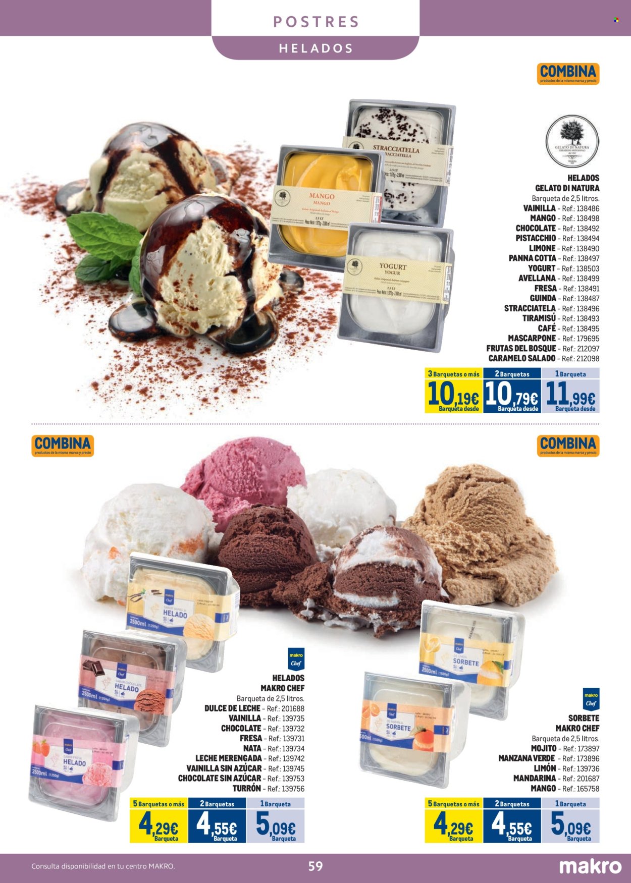 thumbnail - Folleto actual Makro - 18/03/24 - 05/05/24 - Ventas - panna cota, postre, mascarpone, yogur, bebida de leche, gelato, helado, sorbete, turrón. Página 59.