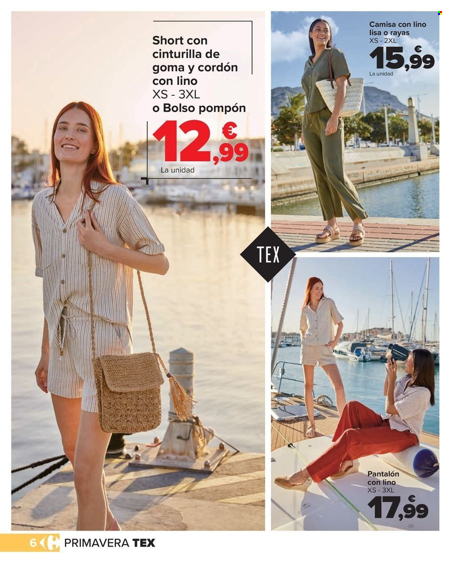 thumbnail - Folleto actual Carrefour - 10/04/24 - 16/05/24 - Ventas - bolso, calza corta, pantalón, camisa. Página 6.