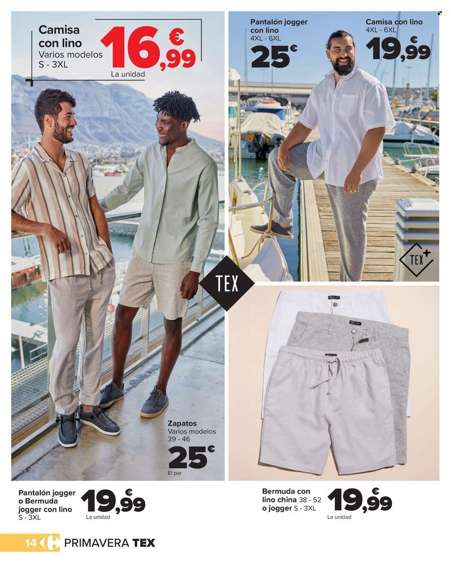 thumbnail - Folleto actual Carrefour - 10/04/24 - 16/05/24 - Ventas - zapatos, camisa, pantalón, pantalón jogger, bermuda. Página 14.