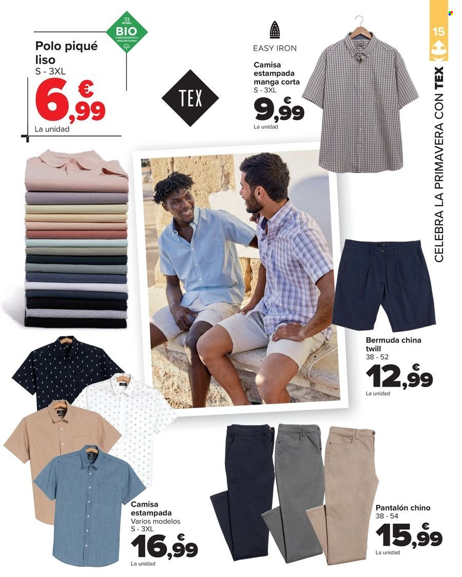 thumbnail - Folleto actual Carrefour - 10/04/24 - 16/05/24 - Ventas - polo manga corta, bermuda, camisa, pantalón. Página 15.