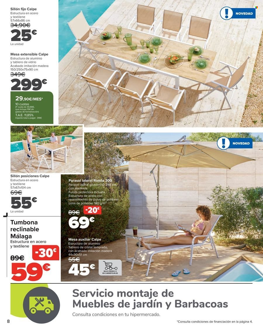 thumbnail - Folleto actual Carrefour - 18/04/24 - 16/05/24 - Ventas - mesa, mesa plegable, silla plegable, sillón, tumbona, sombrilla, mesa auxiliar. Página 8.