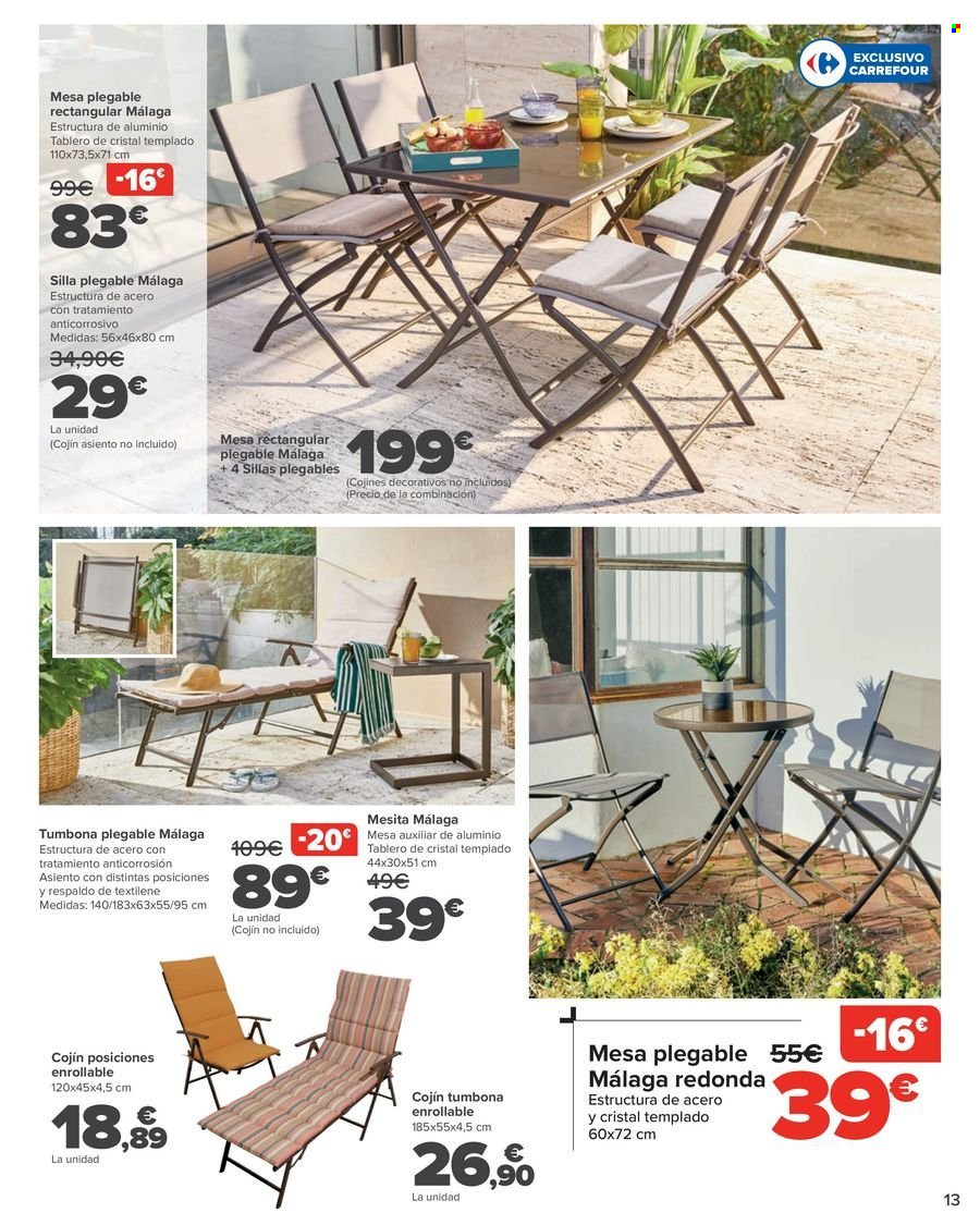 thumbnail - Folleto actual Carrefour - 18/04/24 - 16/05/24 - Ventas - mesita, mesa, mesa plegable, tumbona, cojín, cojín de asiento, silla, silla plegable, mesa de jardín. Página 13.