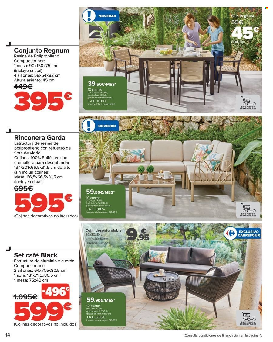 thumbnail - Folleto actual Carrefour - 18/04/24 - 16/05/24 - Ventas - rinconera, mueble de jardín, cojín de asiento, silla. Página 14.