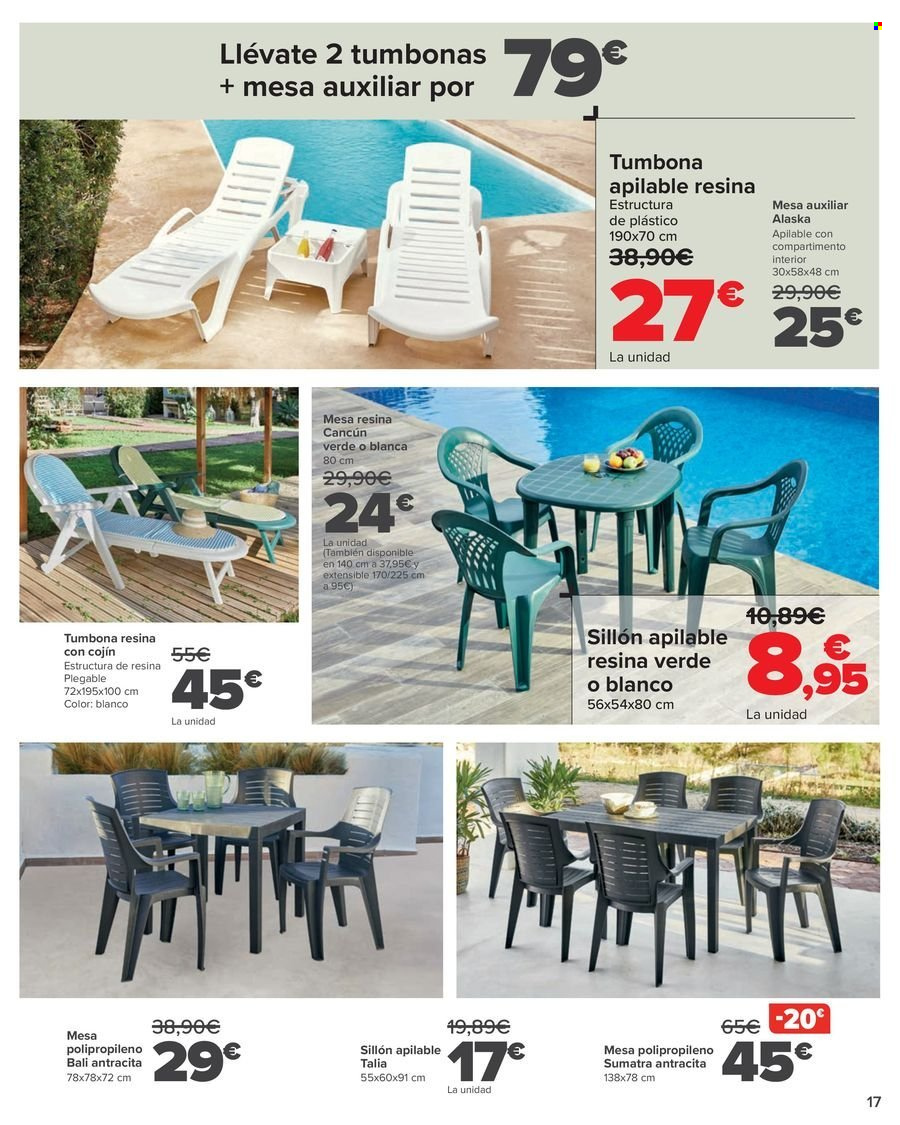thumbnail - Folleto actual Carrefour - 18/04/24 - 16/05/24 - Ventas - mesa, mesa de jardín, tumbona, sillón, sillón de jardín, mesa auxiliar. Página 17.