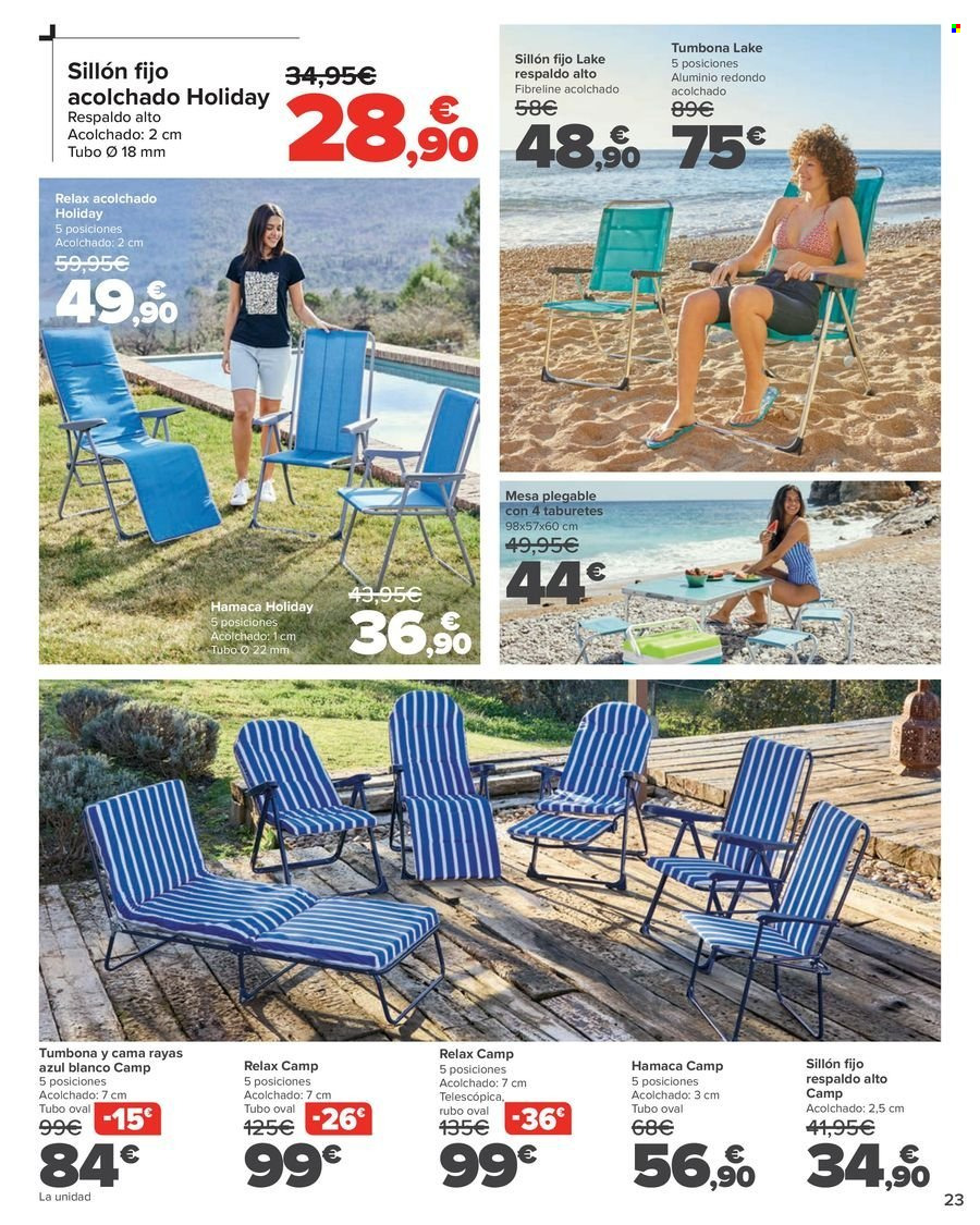 thumbnail - Folleto actual Carrefour - 18/04/24 - 16/05/24 - Ventas - silla plegable, sillón, hamaca, cama, tumbona, mesa, mesa plegable. Página 23.