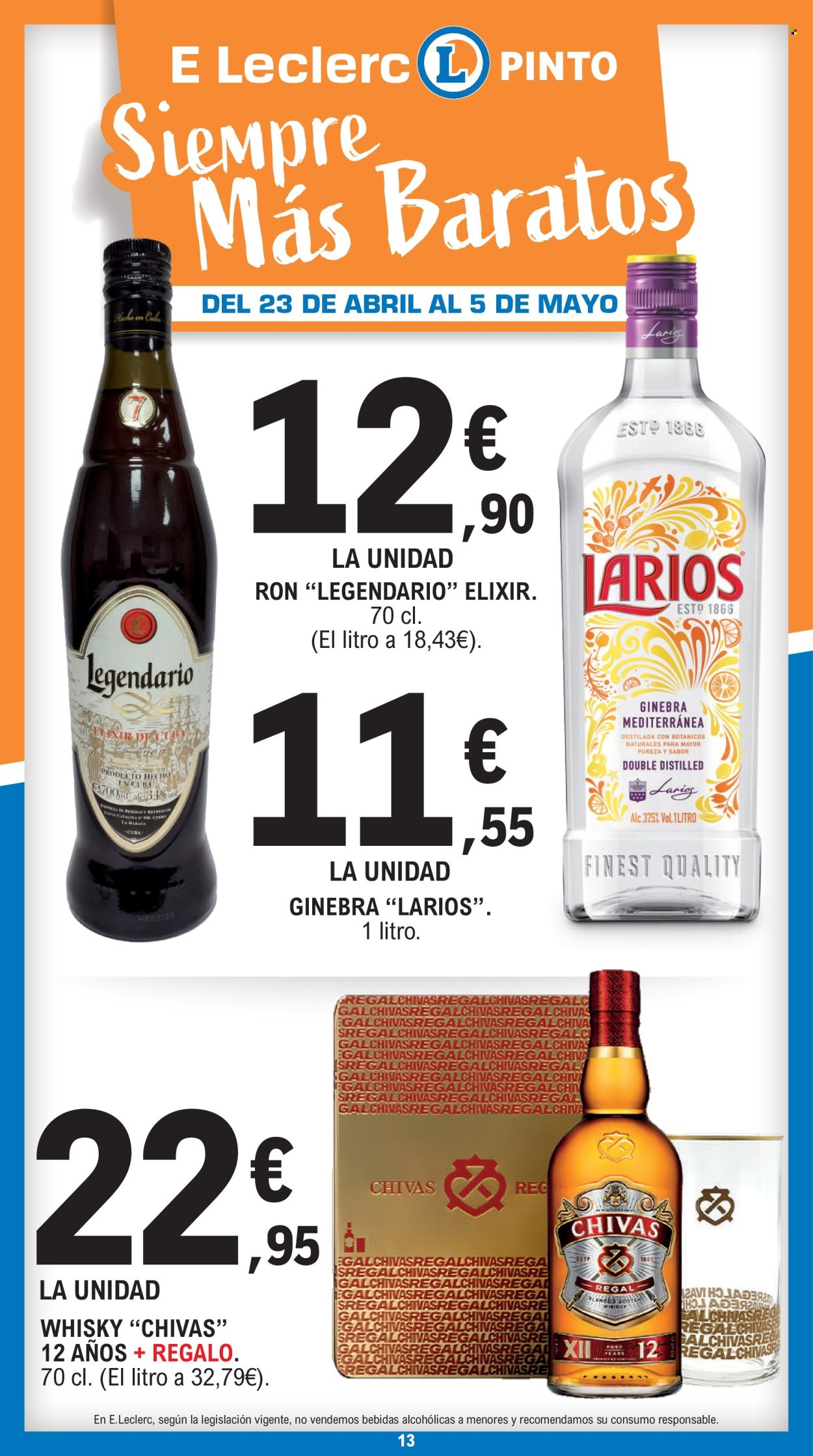 thumbnail - Folleto actual E.Leclerc - 23/04/24 - 05/05/24 - Ventas - bebida, bebida alcohólica, ron, gin, Larios, whisky, Legendario, Chivas Regal. Página 13.