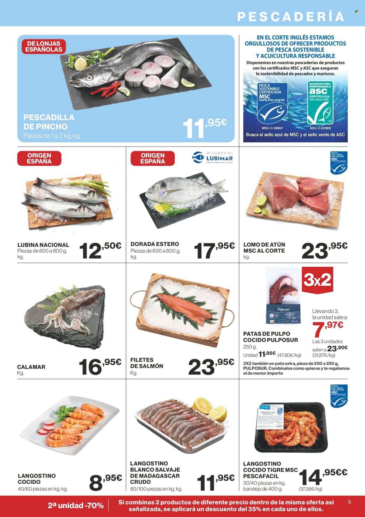 thumbnail - Folleto actual Supercor supermercados - 25/04/24 - 08/05/24 - Ventas - atún, calamar, langostino, lubina, mariscos, pescadilla, pulpo, pescado, filete de salmón, filete de pescado, langostino cocido. Página 5.