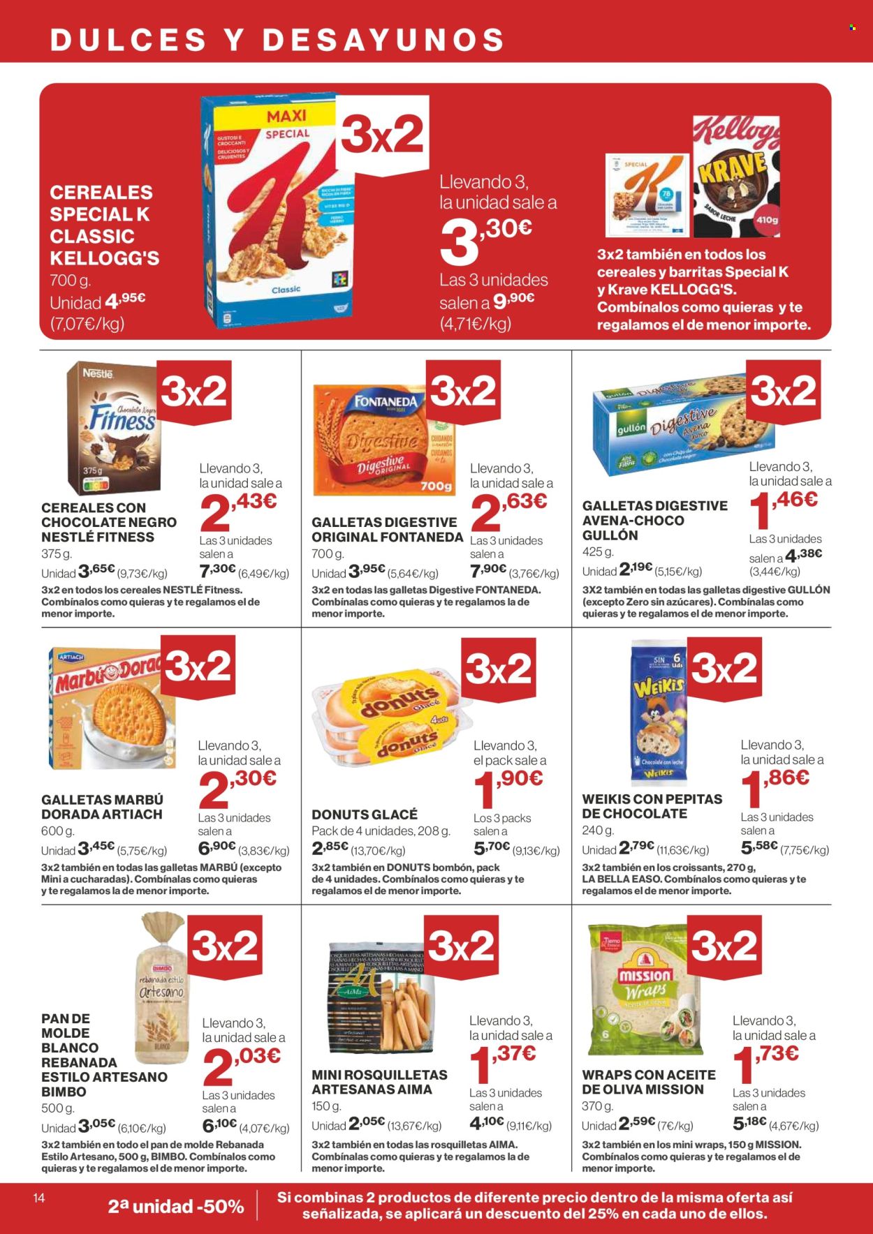 thumbnail - Folleto actual Supercor supermercados - 25/04/24 - 08/05/24 - Ventas - pan, pan de molde, pan de leche, croissant, Gullón, Weikis, Nestlé, galletas, digestive, snack salado, Kellogg's. Página 14.