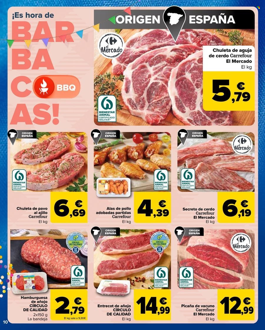 thumbnail - Folleto actual Carrefour - 25/04/24 - 09/05/24 - Ventas - chuleta, chuleta de pavo, alitas de pollo, entrecot, carne de añojo, secreto de cerdo, hamburguesa, carne de ternera. Página 10.