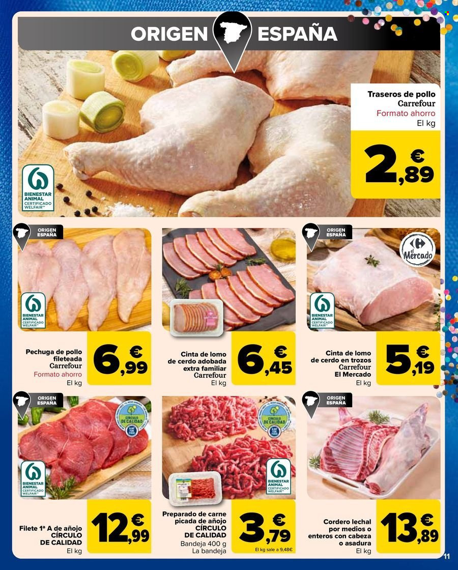 thumbnail - Folleto actual Carrefour - 25/04/24 - 09/05/24 - Ventas - carne de añojo, carne picada, preparado de carne, pechuga de pollo, pollo, cinta de lomo, cordero, cordero lechal, trasero de pollo. Página 11.