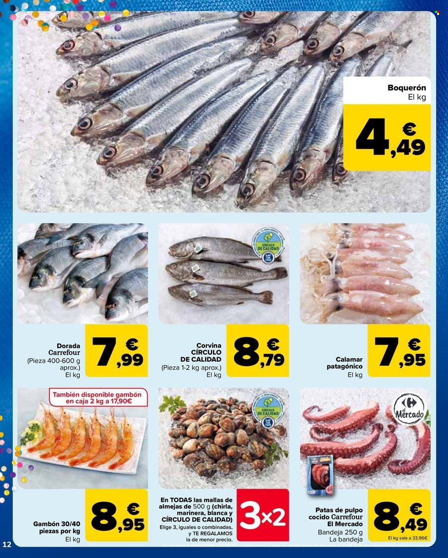 thumbnail - Folleto actual Carrefour - 25/04/24 - 09/05/24 - Ventas - calamar, mariscos, boquerón, pescado, gambón, pulpo, corvina. Página 12.