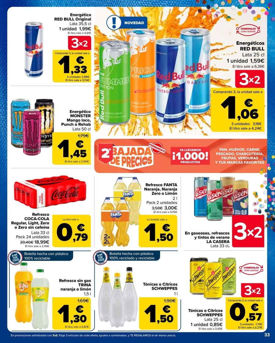thumbnail - Folleto actual Carrefour - 25/04/24 - 09/05/24 - Ventas - bebida alcohólica, La Casera, gaseosa, bebida energética, Red Bull, bebida, refresco, Coca-cola, Fanta, tonica, Schweppes, TriNa. Página 33.