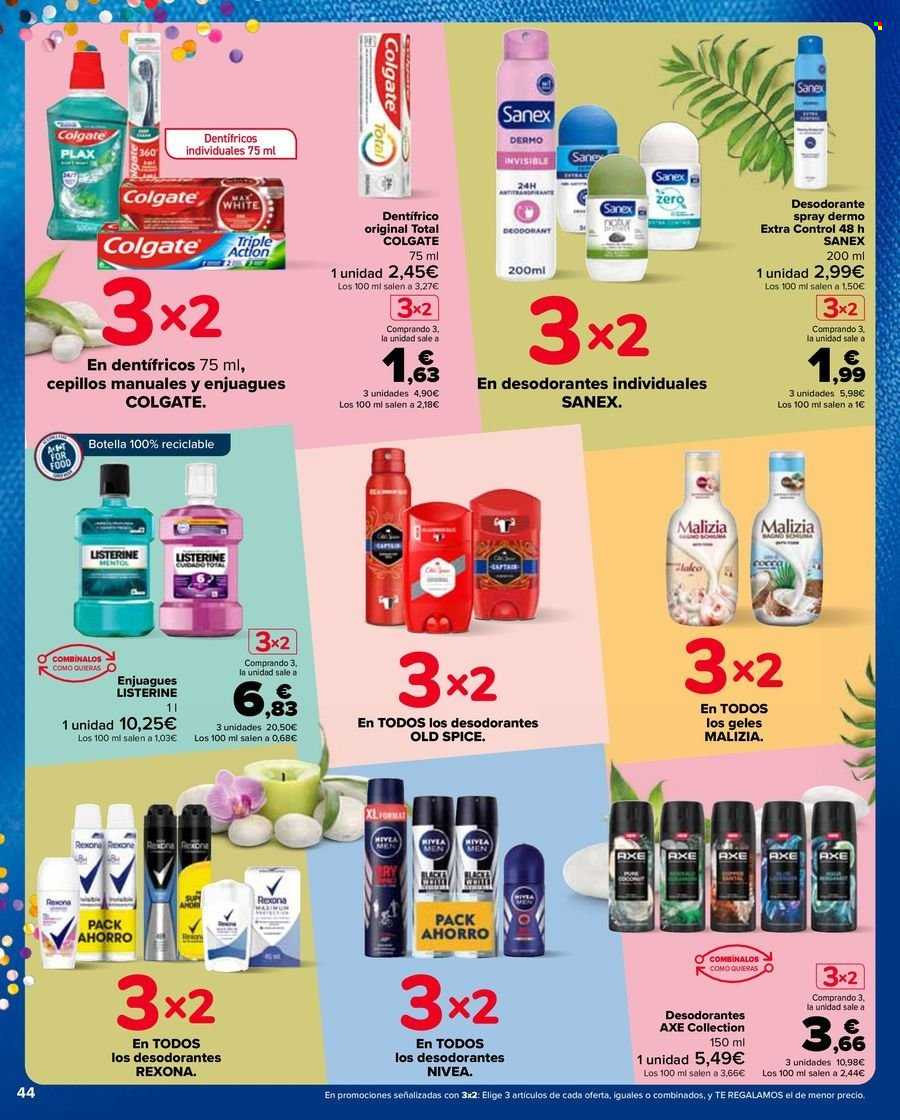 thumbnail - Folleto actual Carrefour - 25/04/24 - 09/05/24 - Ventas - Rexona, desodorante, Axe, Nivea, Sanex, Colgate, Old Spice, pasta dental, Listerine. Página 44.