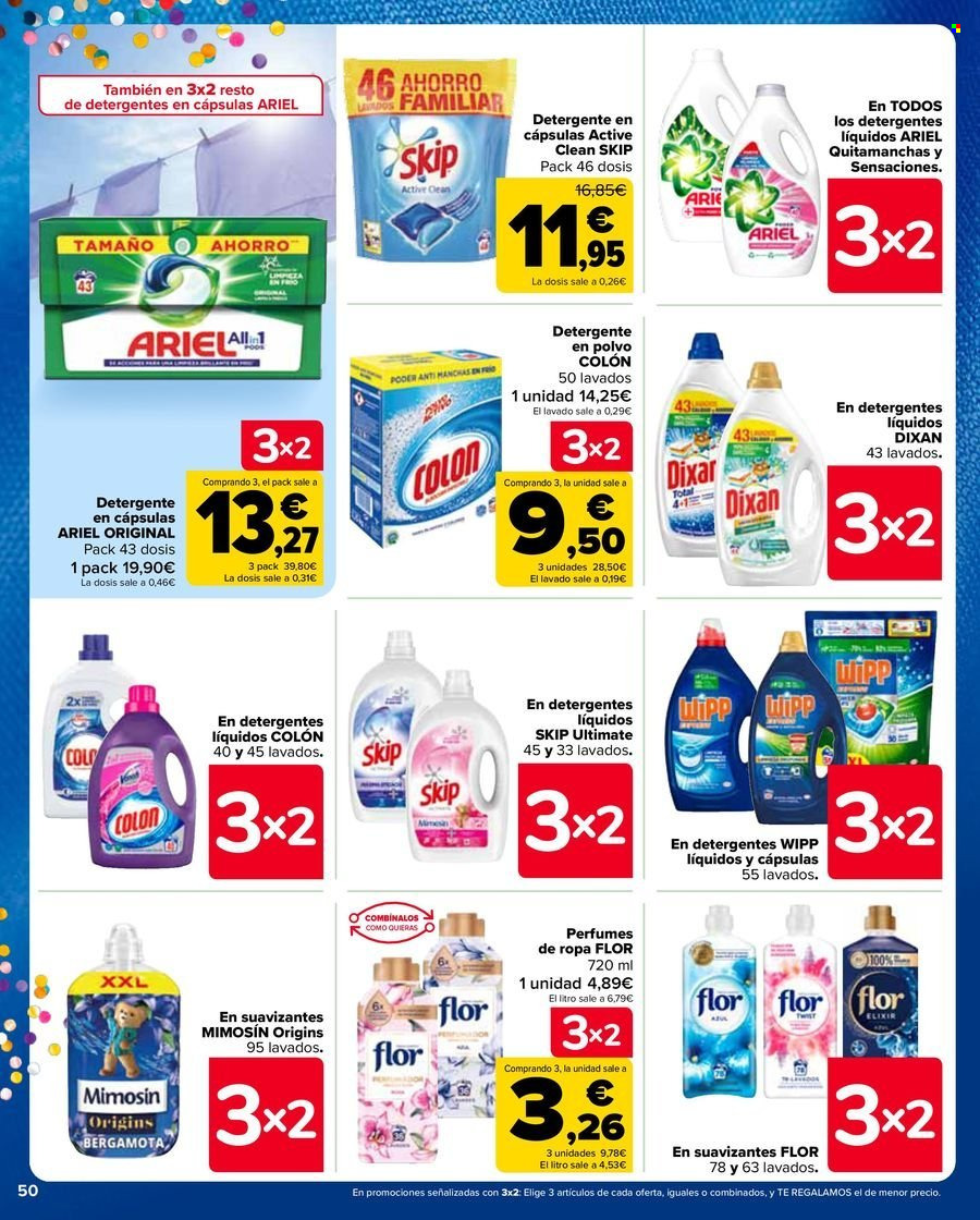 thumbnail - Folleto actual Carrefour - 25/04/24 - 09/05/24 - Ventas - detergente, detergente en gel, Dixan, Skip, Wipp, perfume, suavizante, detergente en cápsulas, Ariel, quitamanchas, Mimosín. Página 50.