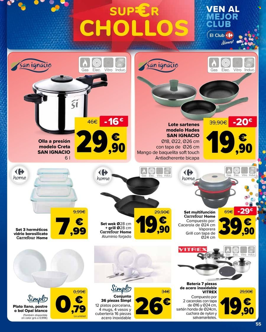 thumbnail - Folleto actual Carrefour - 25/04/24 - 09/05/24 - Ventas - sartén, olla, olla a presión, wok, grill, plato, plato llano, set de ollas. Página 55.