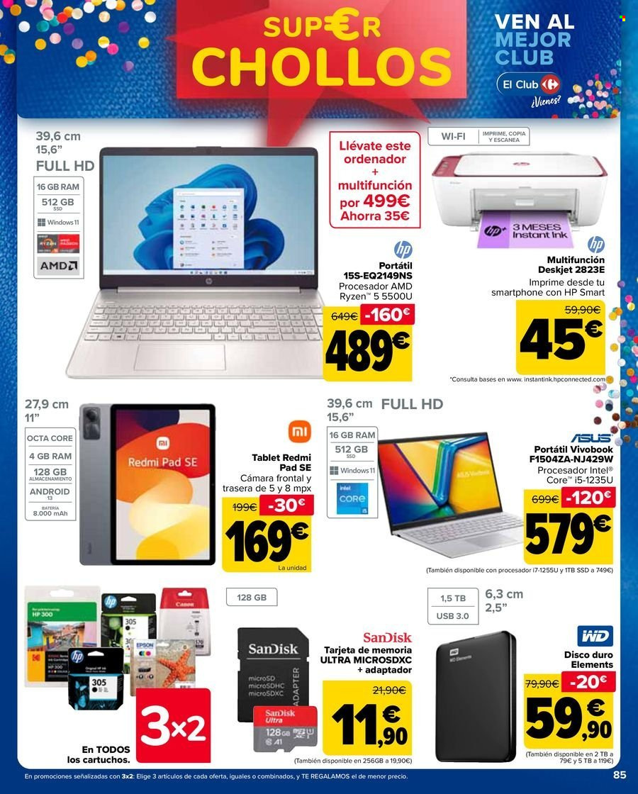 thumbnail - Folleto actual Carrefour - 25/04/24 - 09/05/24 - Ventas - tablet, Xiaomi, Xiaomi Redmi, SanDisk, tarjeta de memoria, cartucho, disco duro, Hewlett Packard, impresora, impresora multifunción, Asus, notebook. Página 85.