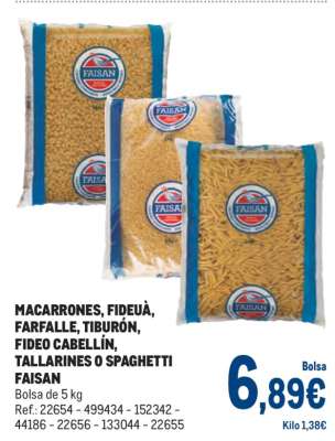 MACARRONES, FIDEUÀ, FARFALLE, TIBURÓN, FIDEO CABELLÍN, TALLARINES O SPAGHETTI FAISAN