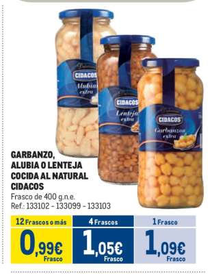 GARBANZO, ALUBIA O LENTEJA COCIDA AL NATURAL CIDACOS