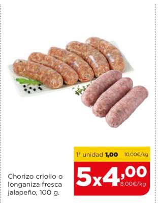 Chorizo criollo o longaniza fresca jalapeño, 100 g