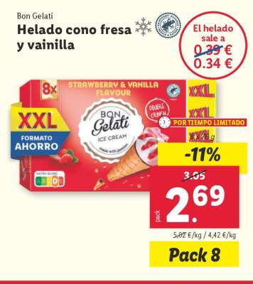 Bon Gelati Helado cono fresa y vainilla