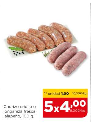 Chorizo criollo o longaniza fresca jalapeño, 100 g