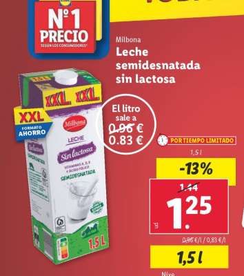 Milbona Leche semidesnatada sin lactosa